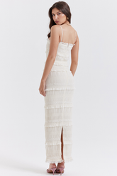 Solana – Elfenbeinfarbenes Maxikleid mit Paillettenfalten